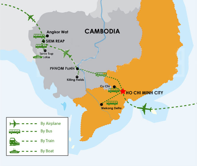 Tour Map: 10 Days South of Vietnam & Cambodia